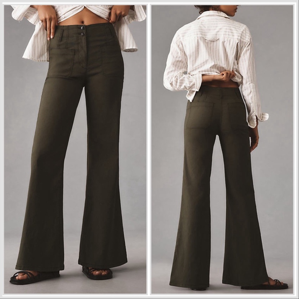 Maeve Anthropologie Junie Jean High Rise Flare Linen Blend Green 32 P